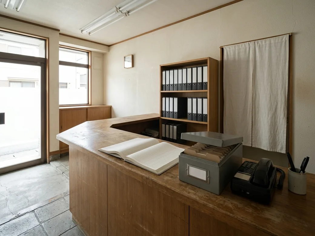 開店前の受付カウンター。台帳とカードボックス